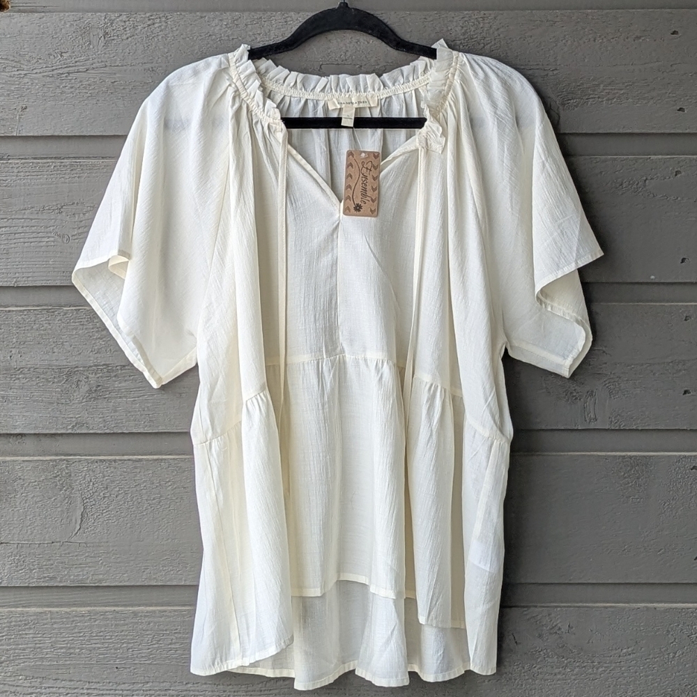 NWT Grade & Gather Ivory Tie Neck Short Sleeve Blouse Large Lightweight Flowy - Picture 2 of 8